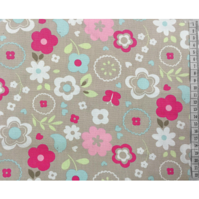 בד קנבס בז' מוקה פרחים צבעונים