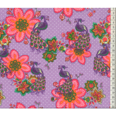 בד כותנה סגול מנוקד פרחים וטווסים 