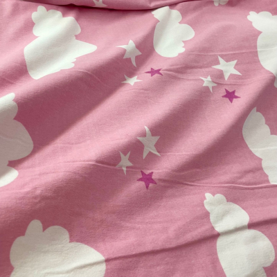 בד פלנל ורוד עננים וכוכבים - רוחב 2.50 מ'