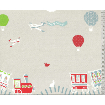 בד כותנה (סאטן 200) אפור בהיר רכבות וכדורים פורחים - רוחב 2.8 מ'