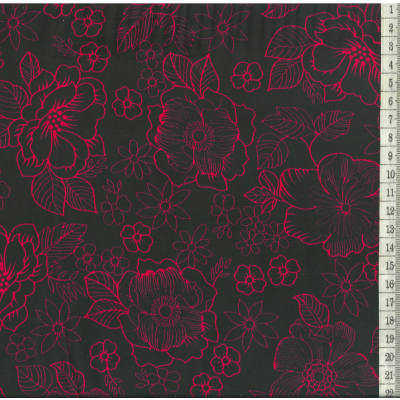 בד סאטן כותנה לייקרה שחור פרחים ורודים עדינים