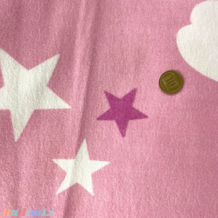בד פלנל ורוד עננים וכוכבים - רוחב 2.50 מ'
